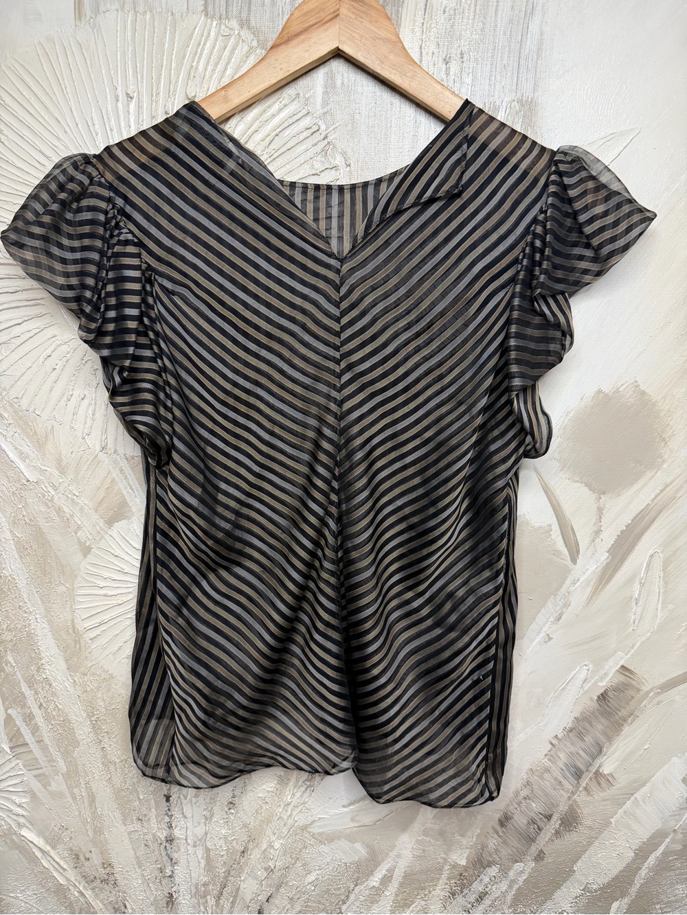 Yves Saint Laurent Sheer Striped Flutter-Sleeve Top in Black and Tan